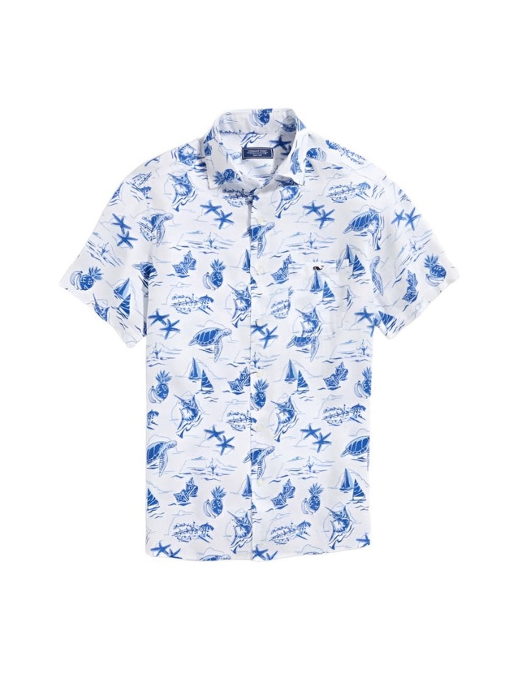 Vineyard Vines 100% Linen Blue White Coastal Print Camp Shirt Mens Medium